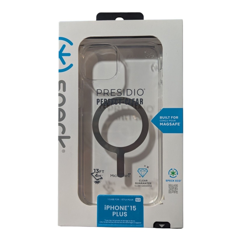B1. Speck Presidio Perfect-Clear with Chrome MagSafe Case For iPhone 15/14 Plus
